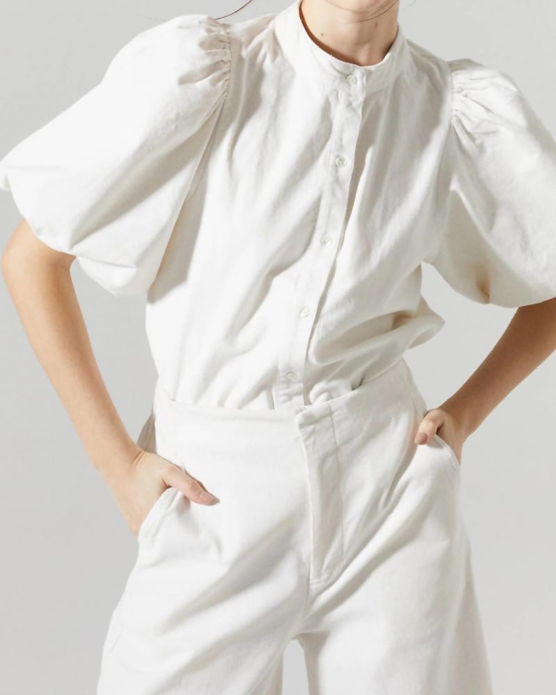 Front of a model wearing a size L Bubble Corduroy Shirt in Off White in Off White by lanhtropy. | dia_product_style_image_id:332310